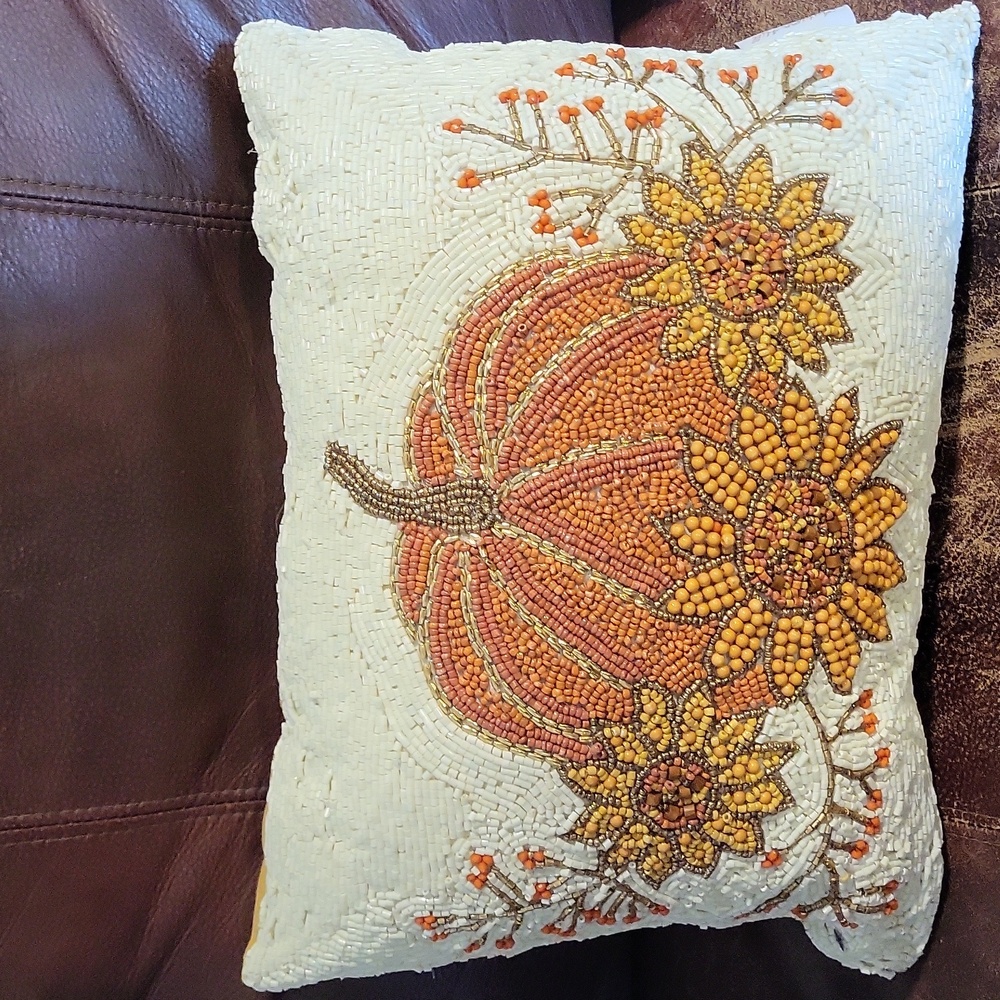 Autumn Hill Beaded Orange Pumpkin Sunflower Accent Pillow  Fall Decor 12x16